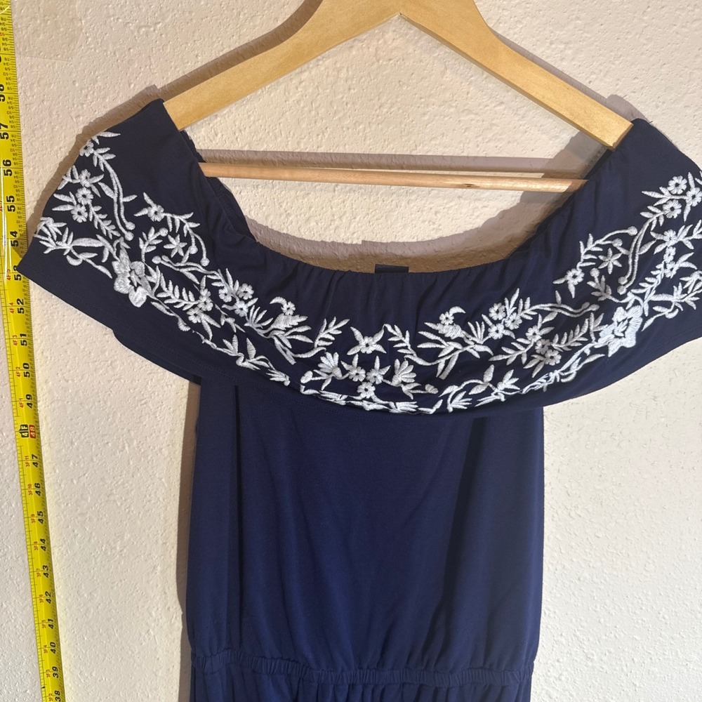 Lucky Brand Small Navy Blue Boho Embroidered Off Shoulder Coquette Mini Dress - Picture 3 of 6